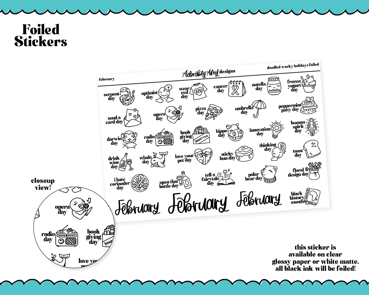 Foiled February Doodled Wacky Holidays Planner Stickers