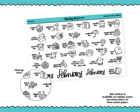 February Doodled Wacky Holidays Reminder Tracker Stickers for any Planner or Insert