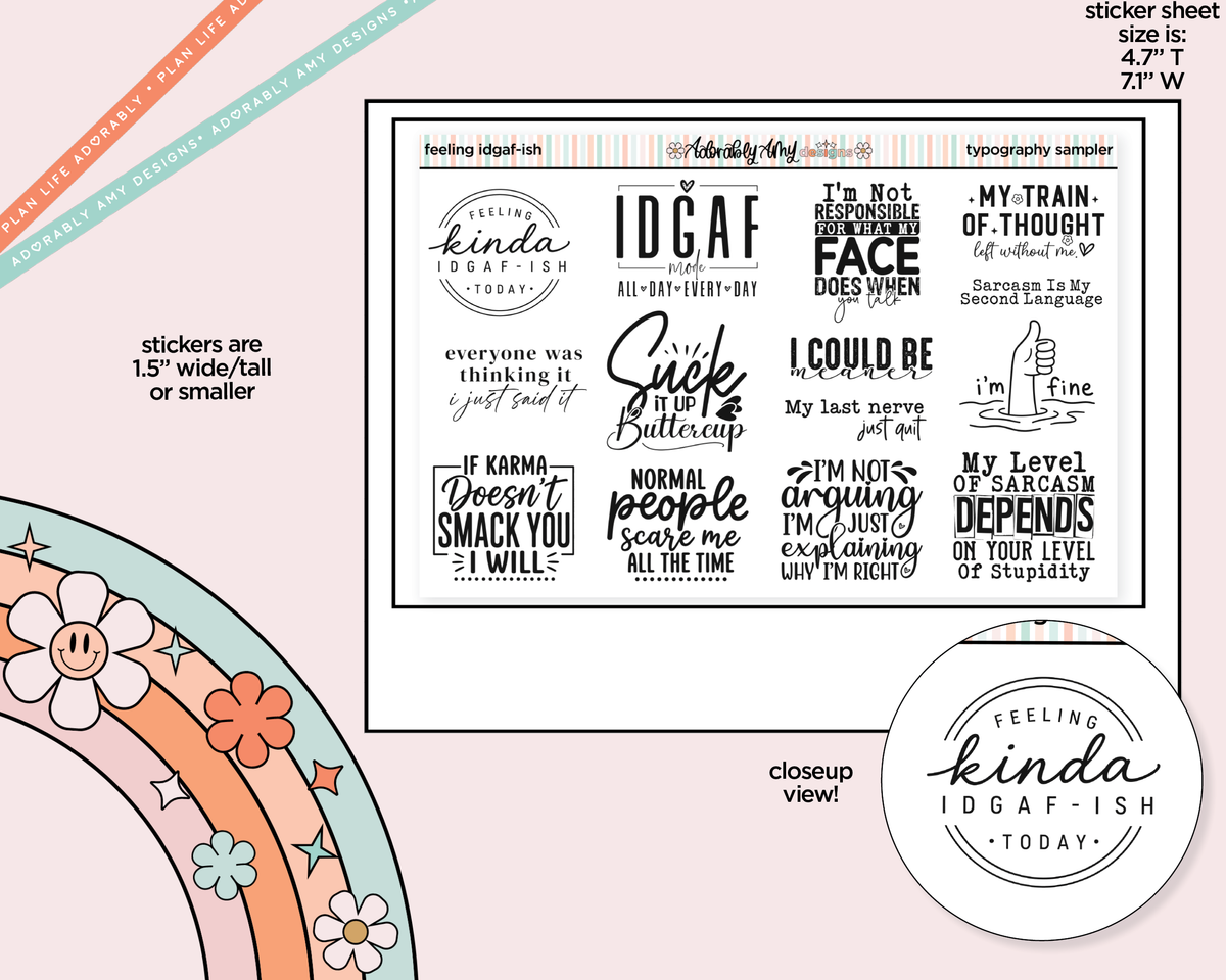 Feeling IDGAF-ish Typography Sampler Planner Stickers - Adorably Amy Designs