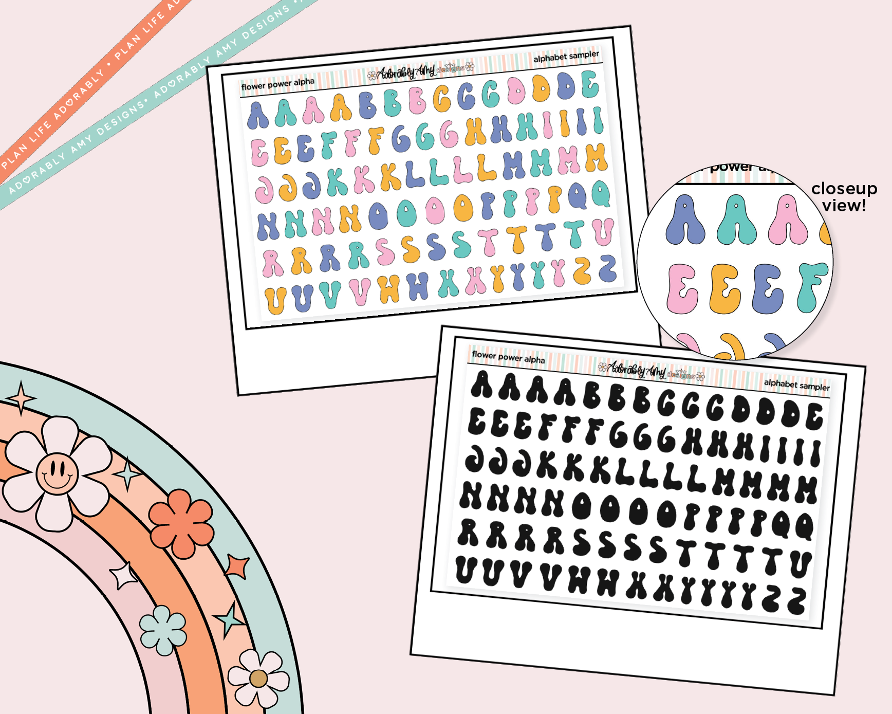Flower Power Alphabet Stickers Deco Typography Sampler Planner Stickers - Adorably Amy Designs