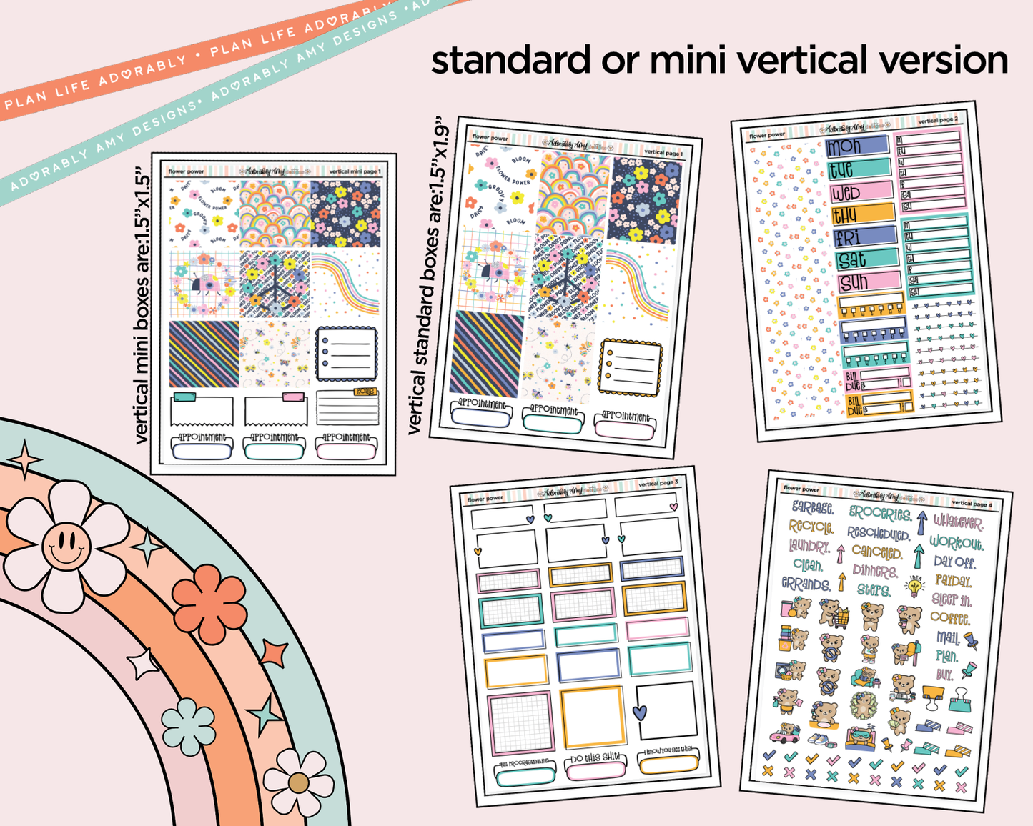 Vertical Flower Power Sticker Kit for Vertical Standard Size Planners or Insert