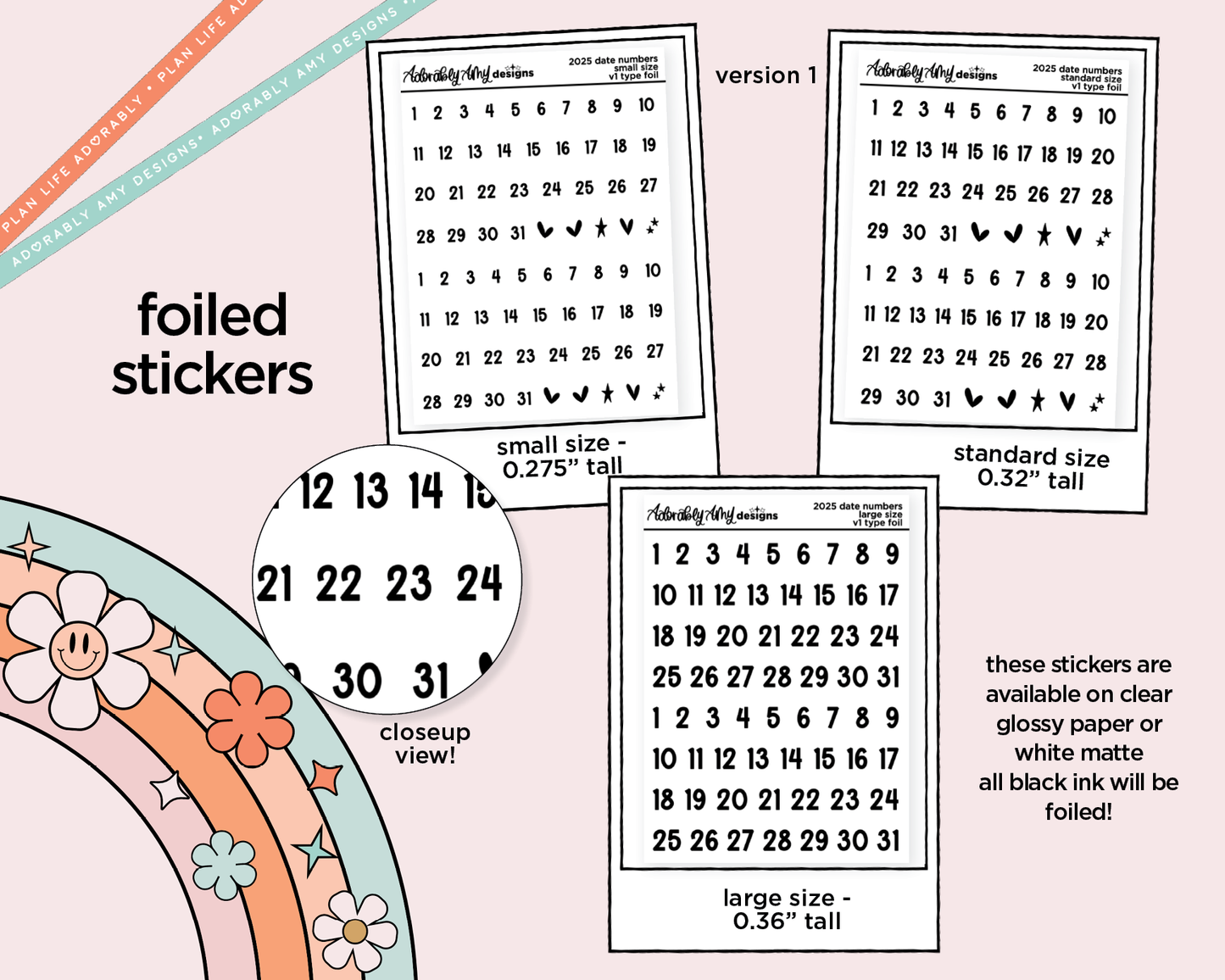 Foiled 2025 Date Numbers (kisscut) Stickers for any Planner or Insert