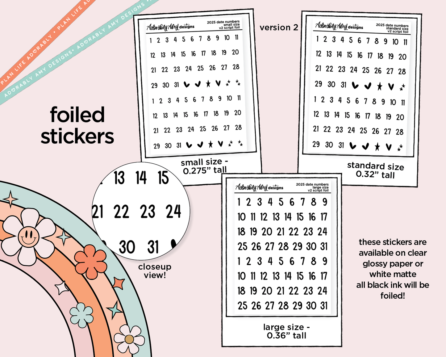 Foiled 2025 Date Numbers (kisscut) Stickers for any Planner or Insert