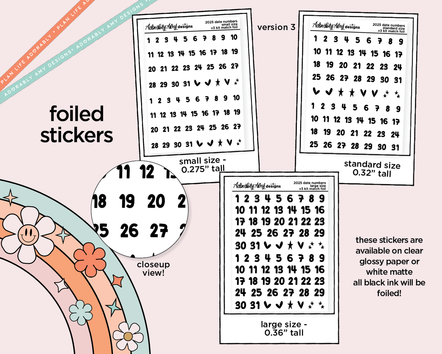 Foiled 2025 Date Numbers (kisscut) Stickers for any Planner or Insert