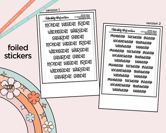 Foiled 2026 Days of the Week Stickers for any Planner or Insert