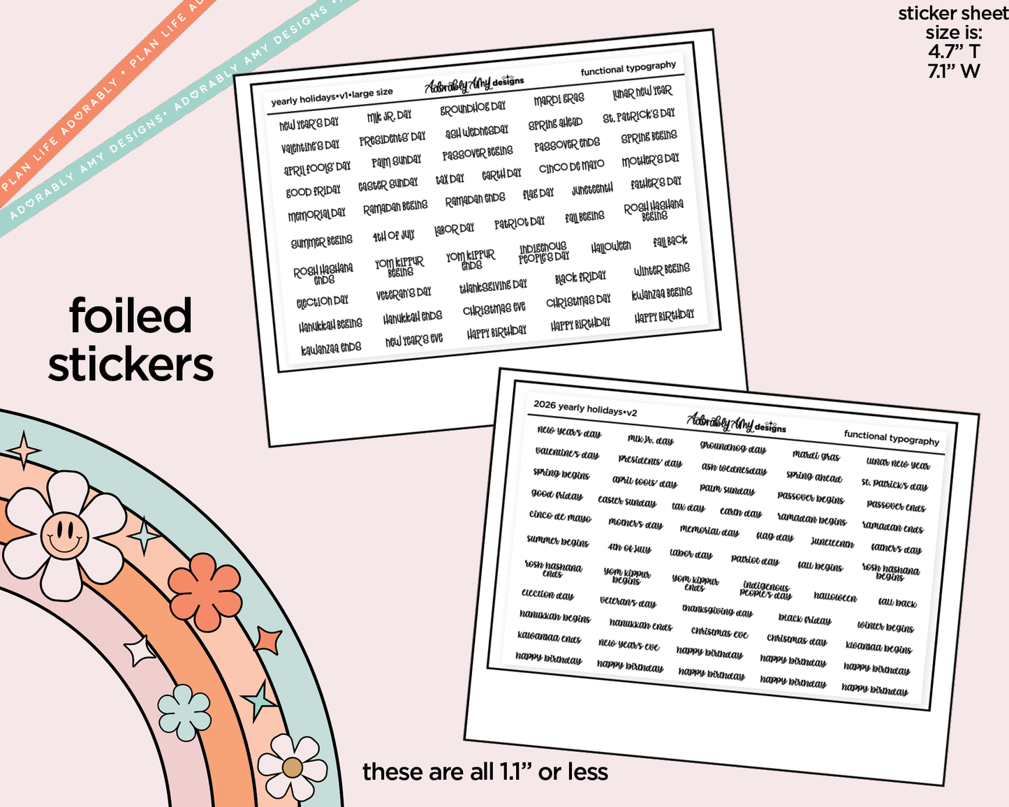 Foiled 2026 Yearly Holidays Stickers for any Planner or Insert