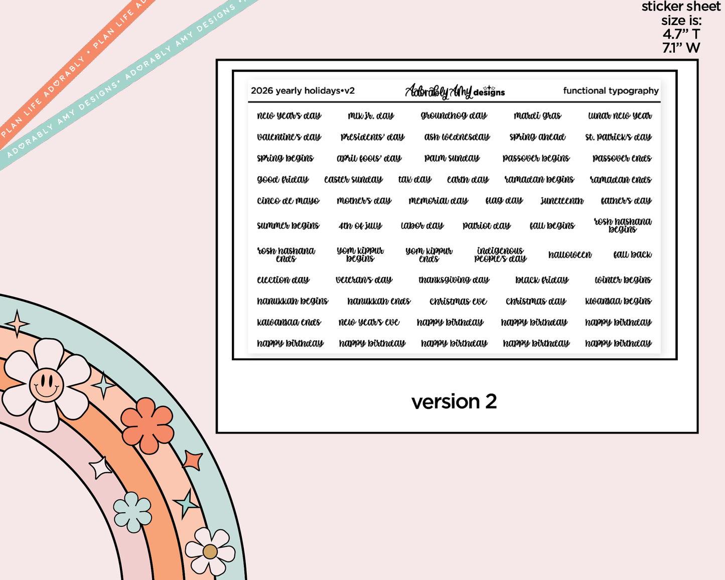 Foiled 2026 Yearly Holidays Stickers for any Planner or Insert