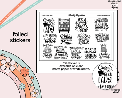 Foiled Crazy Book Lady Typography Sampler Planner Stickers
