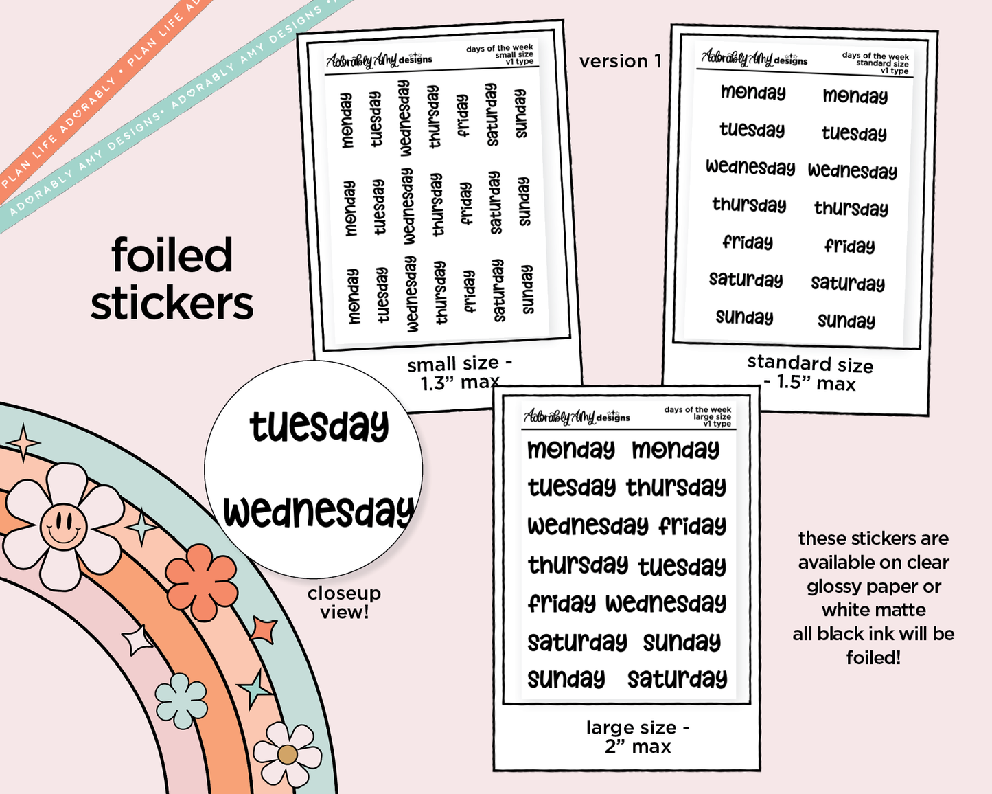 Foiled 2025 Days of the Week Stickers for any Planner or Insert