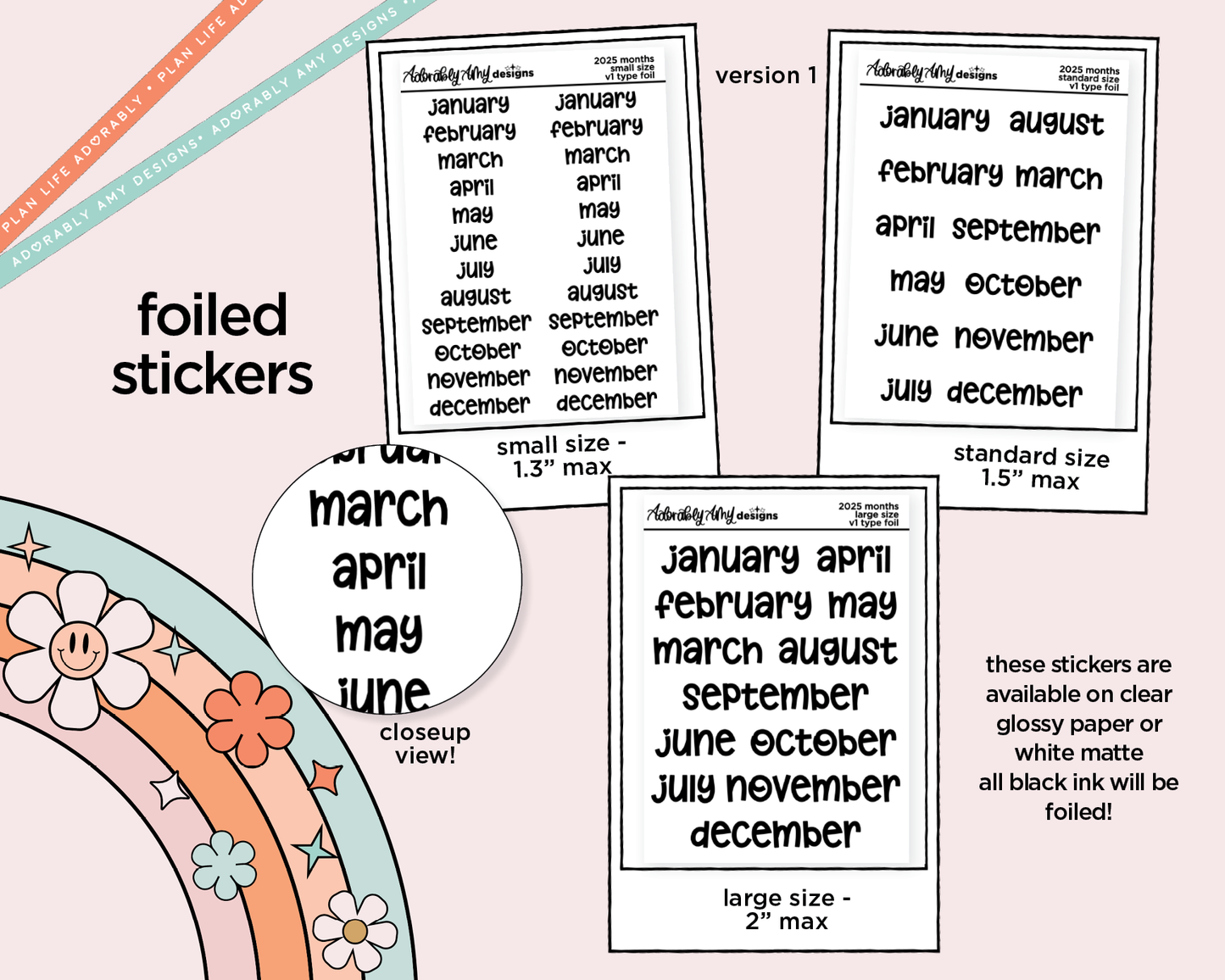 Foiled 2025 Months of the Year Stickers for any Planner or Insert