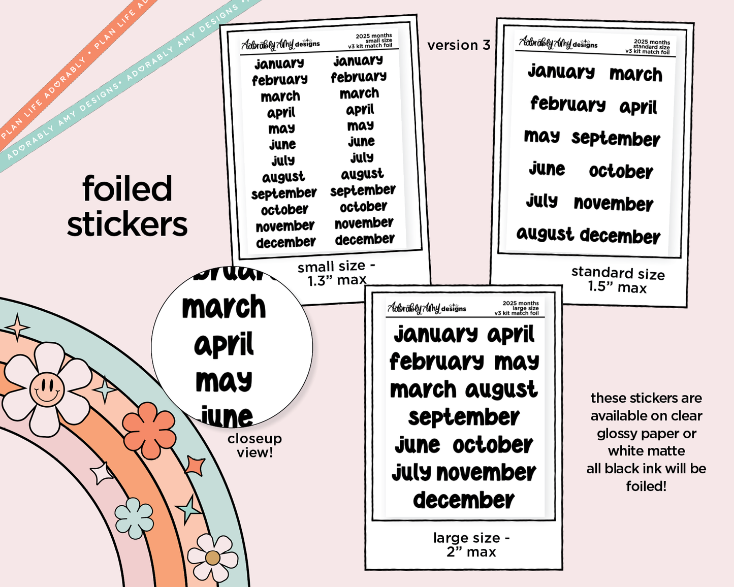 Foiled 2025 Months of the Year Stickers for any Planner or Insert