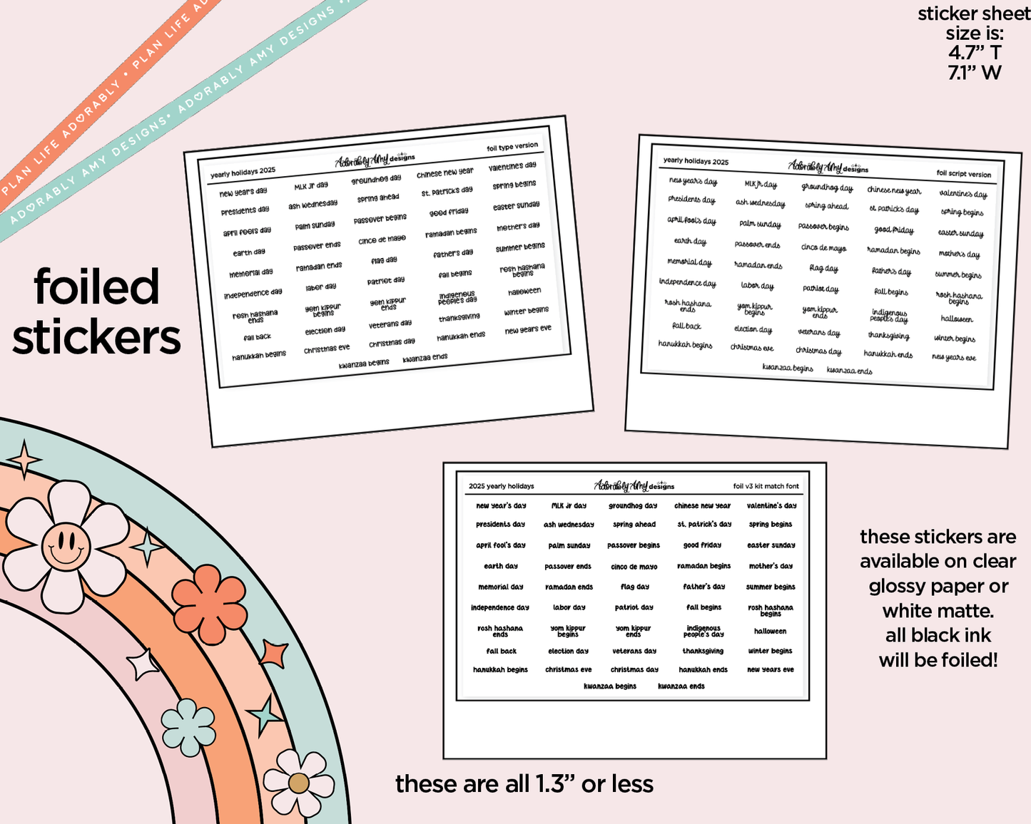 Foiled 2025 Yearly Holidays Stickers for any Planner or Insert