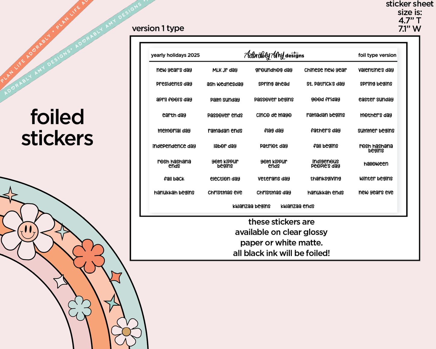 Foiled 2025 Yearly Holidays Stickers for any Planner or Insert