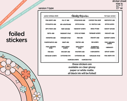 Foiled 2025 Yearly Holidays Stickers for any Planner or Insert