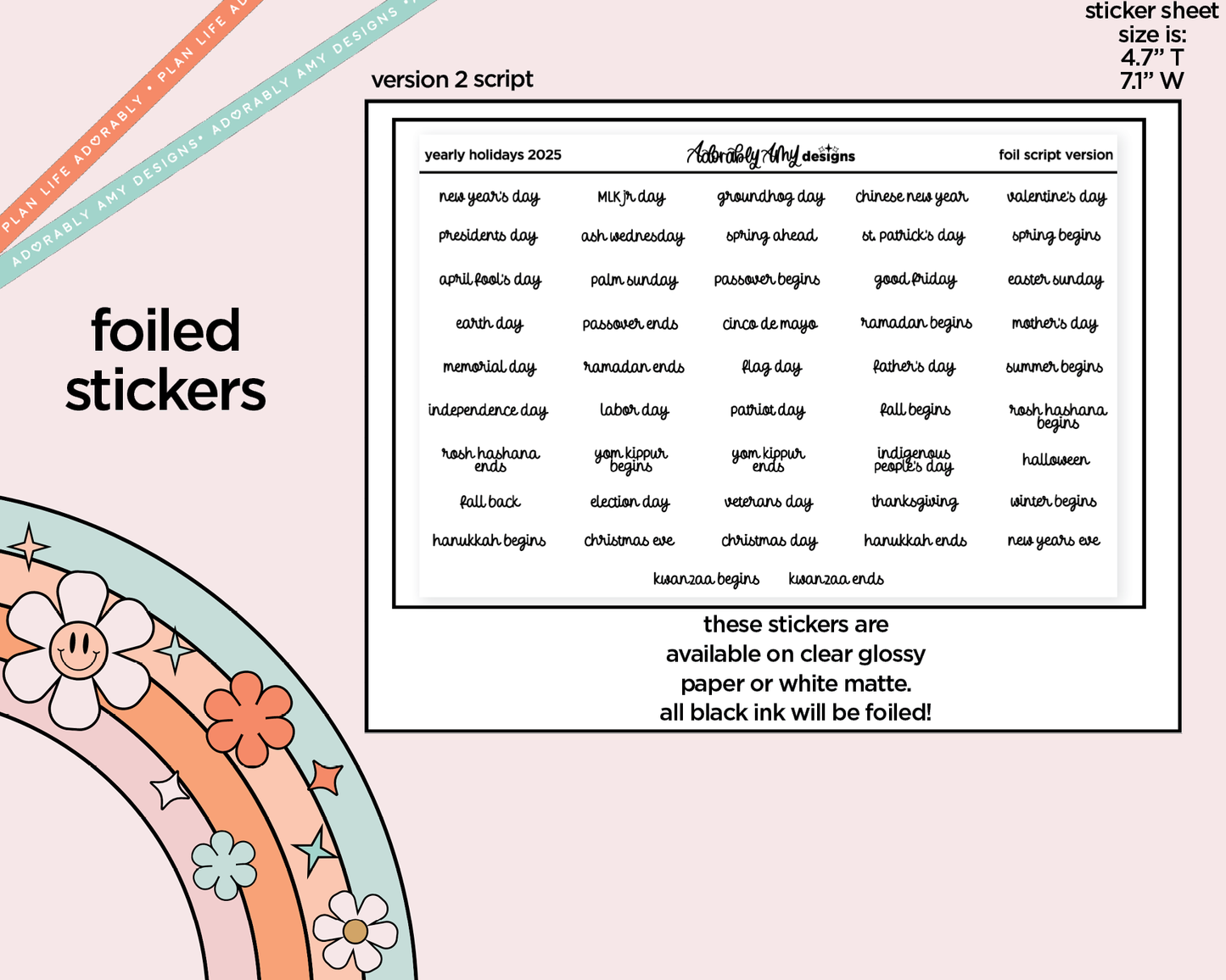 Foiled 2025 Yearly Holidays Stickers for any Planner or Insert