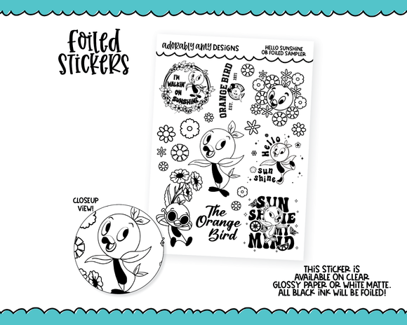 Foiled Hello Sunshine Orange Bird Sampler Planner Stickers for any Planner or Insert