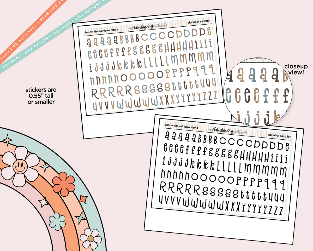 Follow the Rainbow Alphabet Stickers Deco Typography Sampler Planner Stickers - Adorably Amy Designs