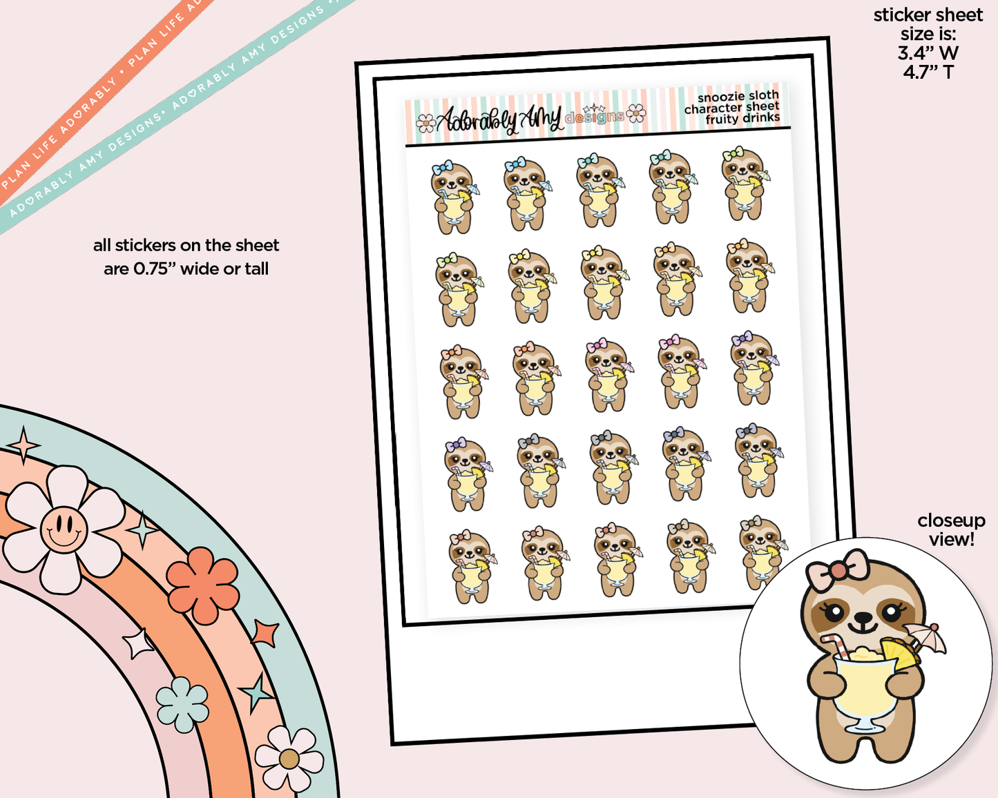 Snoozie Sloth Fruity Drinks Decoration Character Planner Stickers