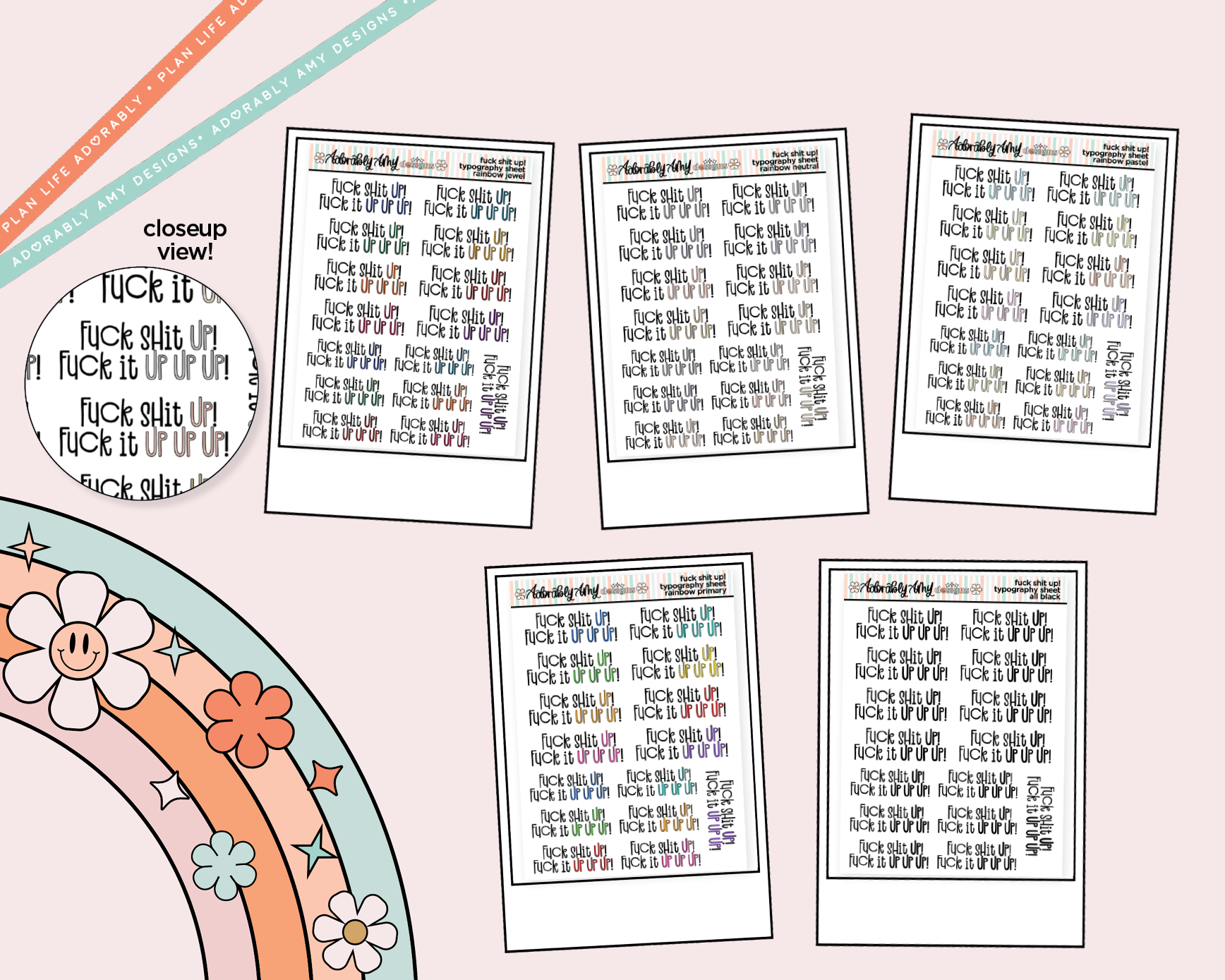 Rainbow or Black Fuck Shit Up! Fuck it Up Up Up!! Typography Planner Stickers - Adorably Amy Designs
