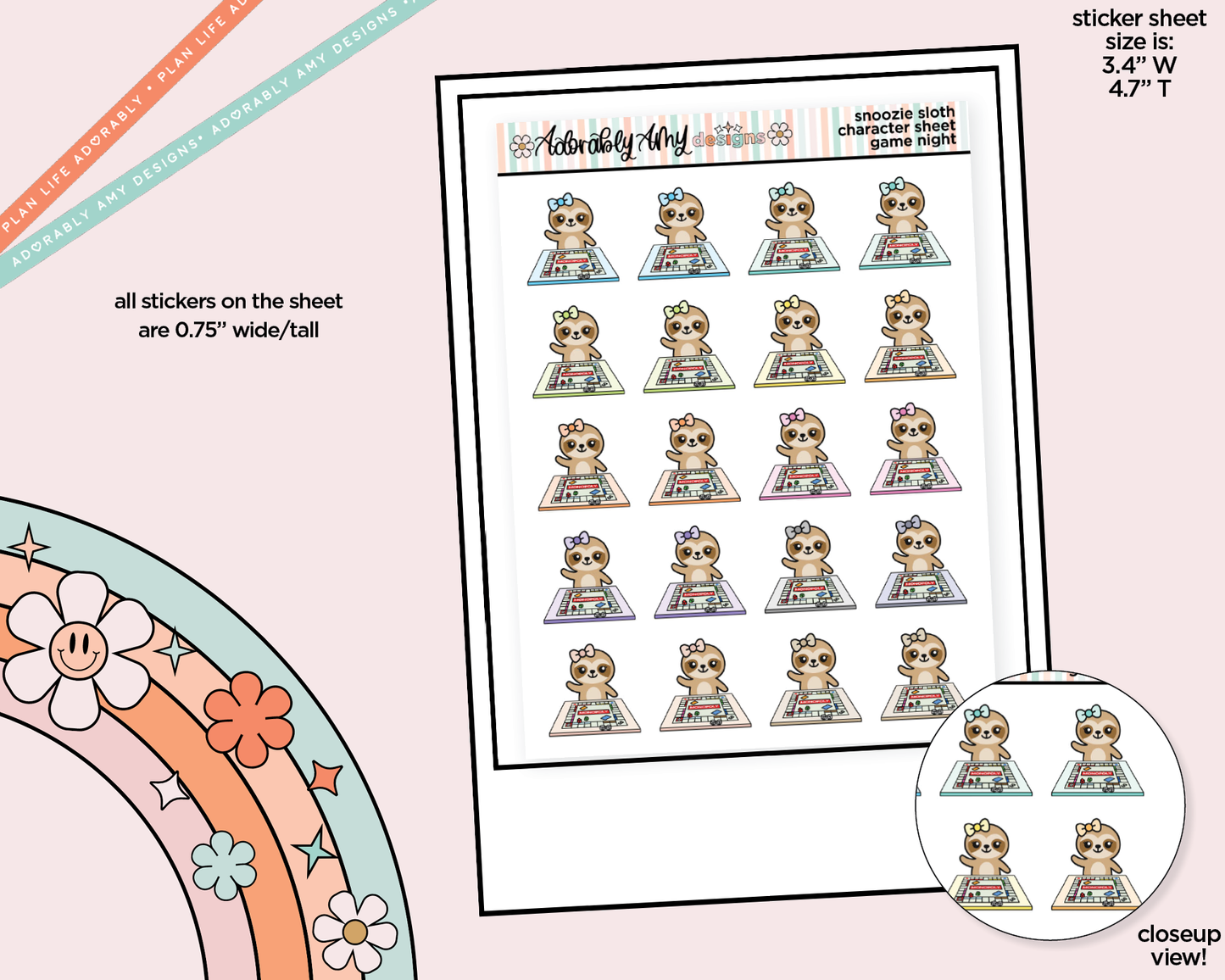Snoozie Sloth Game Night Decoration Character Planner Stickers