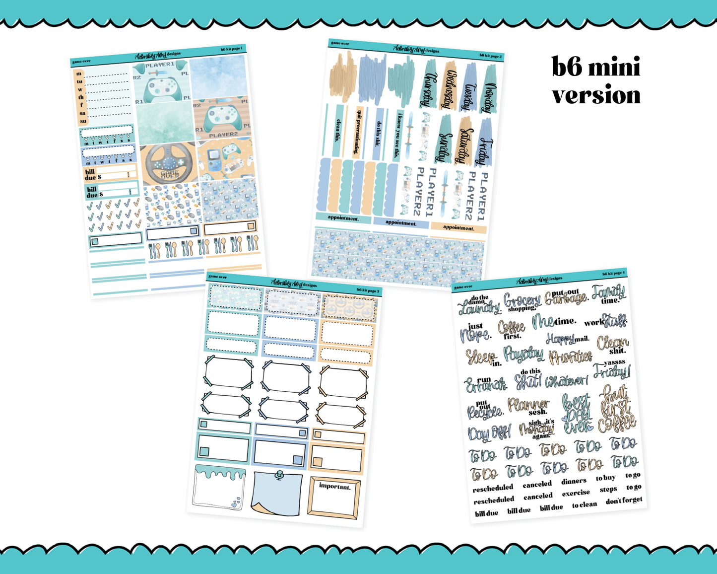 Mini B6 Game Over Watercolor Weekly Planner Sticker Kit sized for ANY Vertical Insert