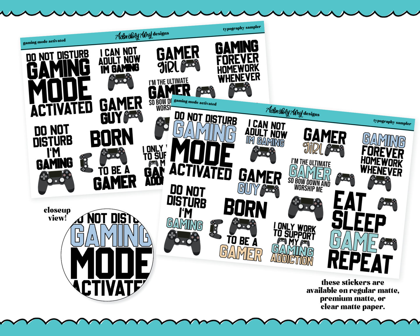 Gaming Mode Activated Typography Sampler Planner Stickers for any Planner or Insert