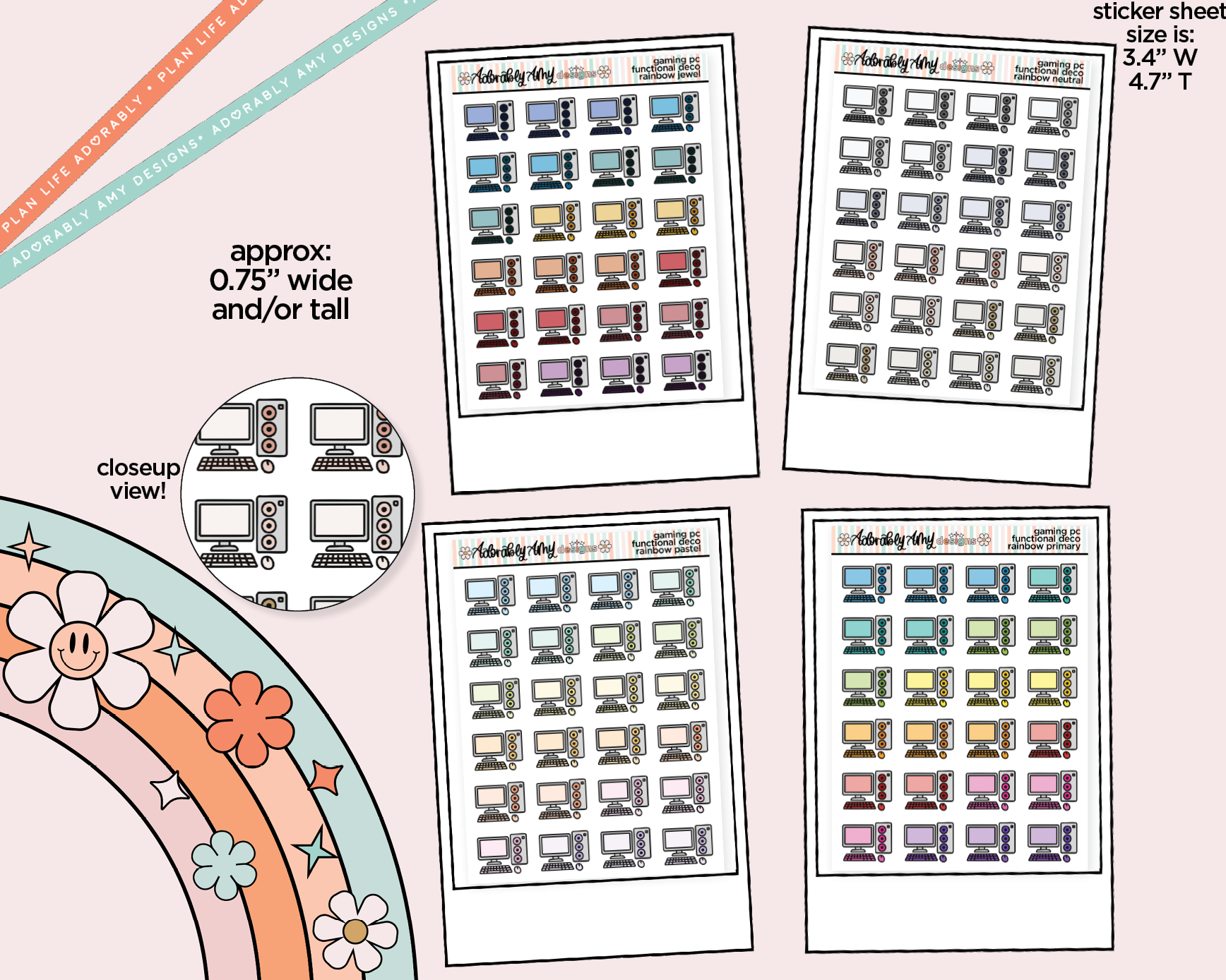 Rainbow Gaming PC - Computer Doodled Icon Stickers – Adorably Amy Designs