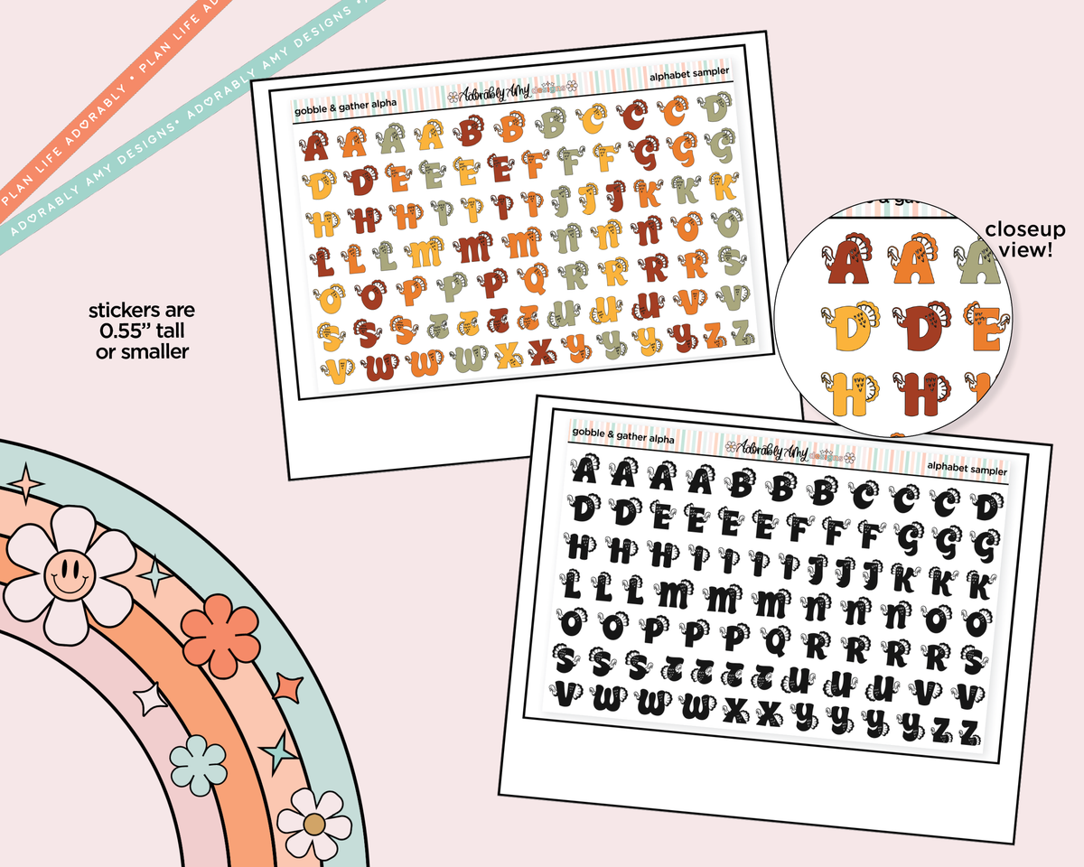 Gobble & Gather Turkey Alphabet Stickers Deco Typography Sampler Planner Stickers - Adorably Amy Designs
