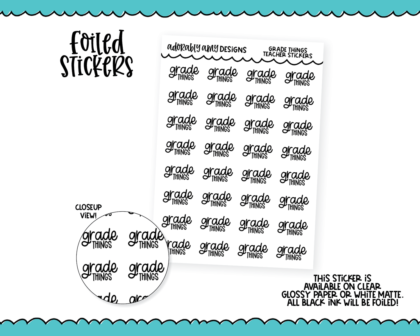 Foiled Teacher Grade Things Reminder Typography Planner Stickers for any Planner or Insert