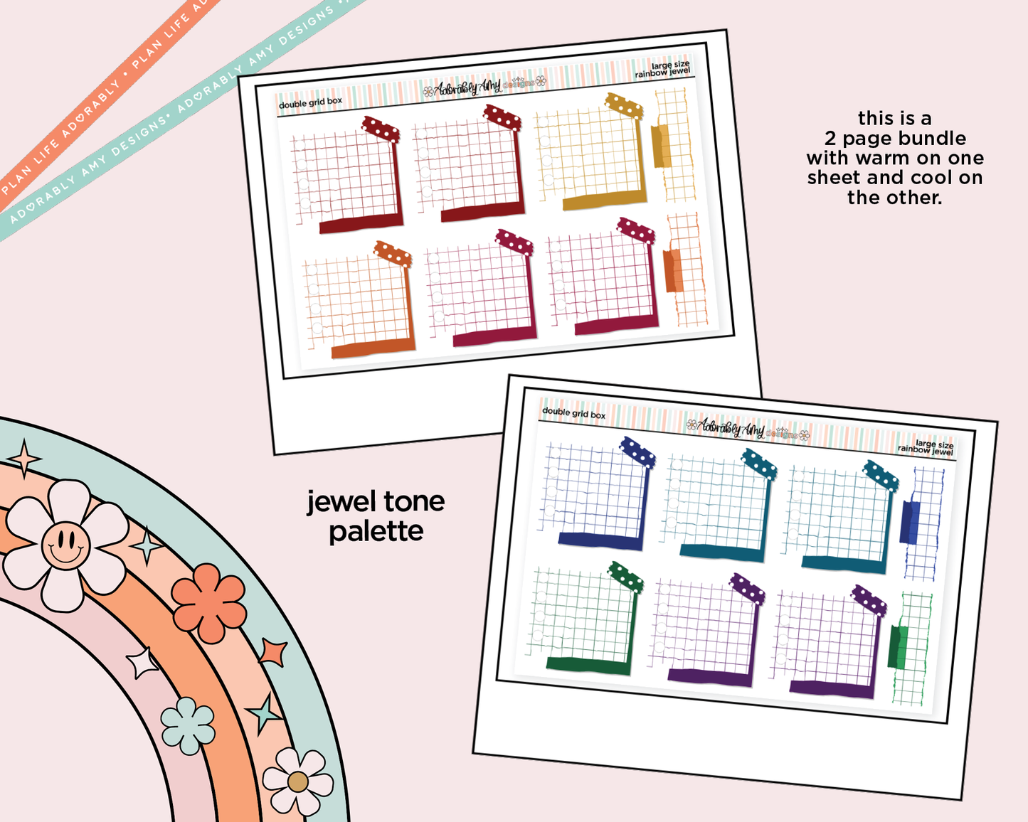 Rainbow Doodled Double Grid Boxes Boxes Large/Jumbo Size Planner Stickers