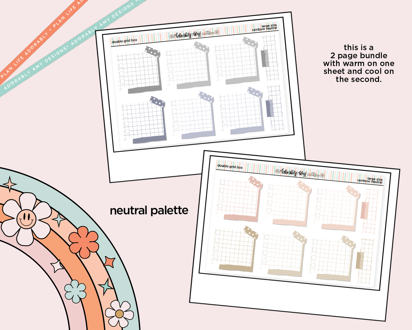 Rainbow Doodled Double Grid Boxes Boxes Large/Jumbo Size Planner Stickers