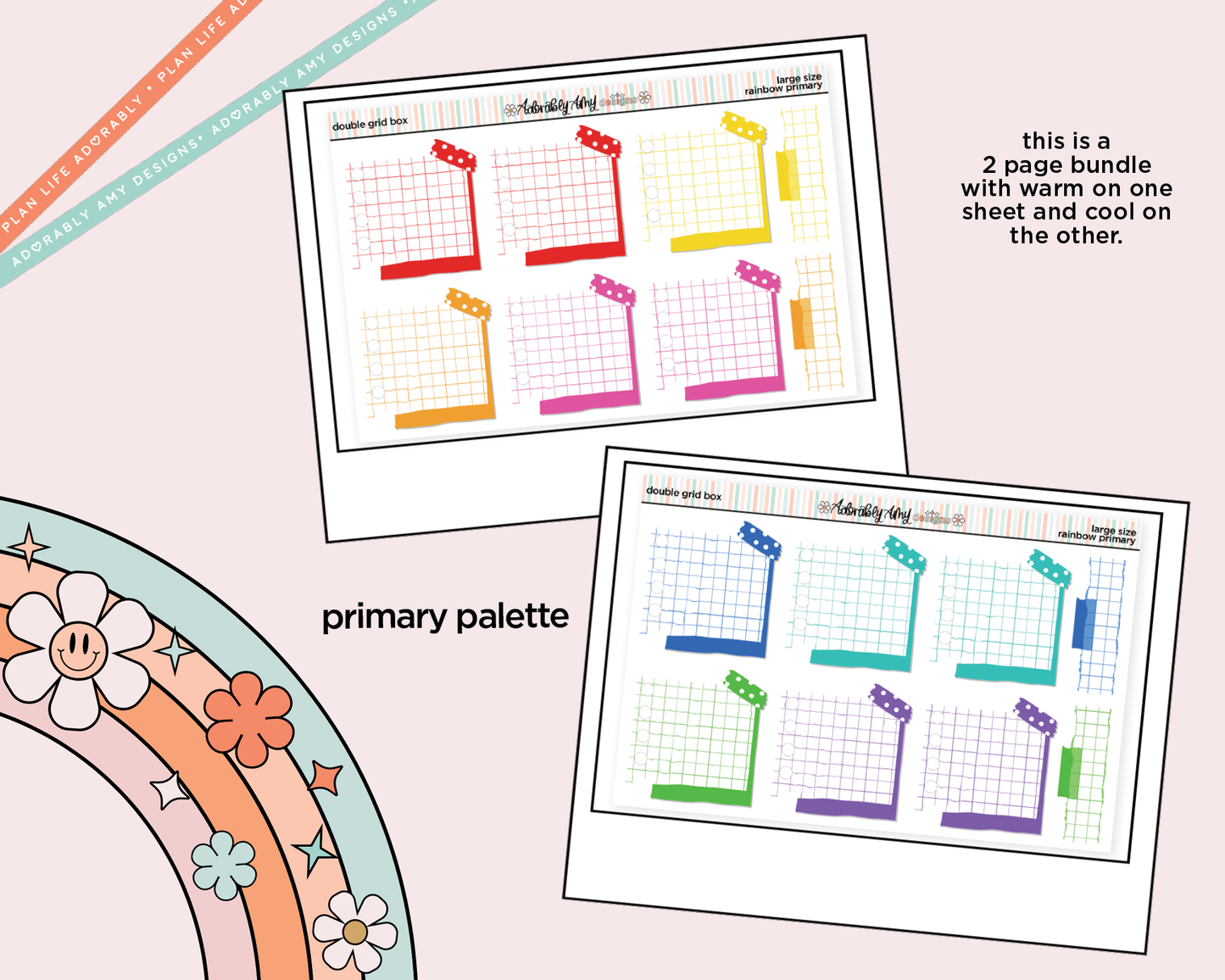 Rainbow Doodled Double Grid Boxes Boxes Large/Jumbo Size Planner Stickers