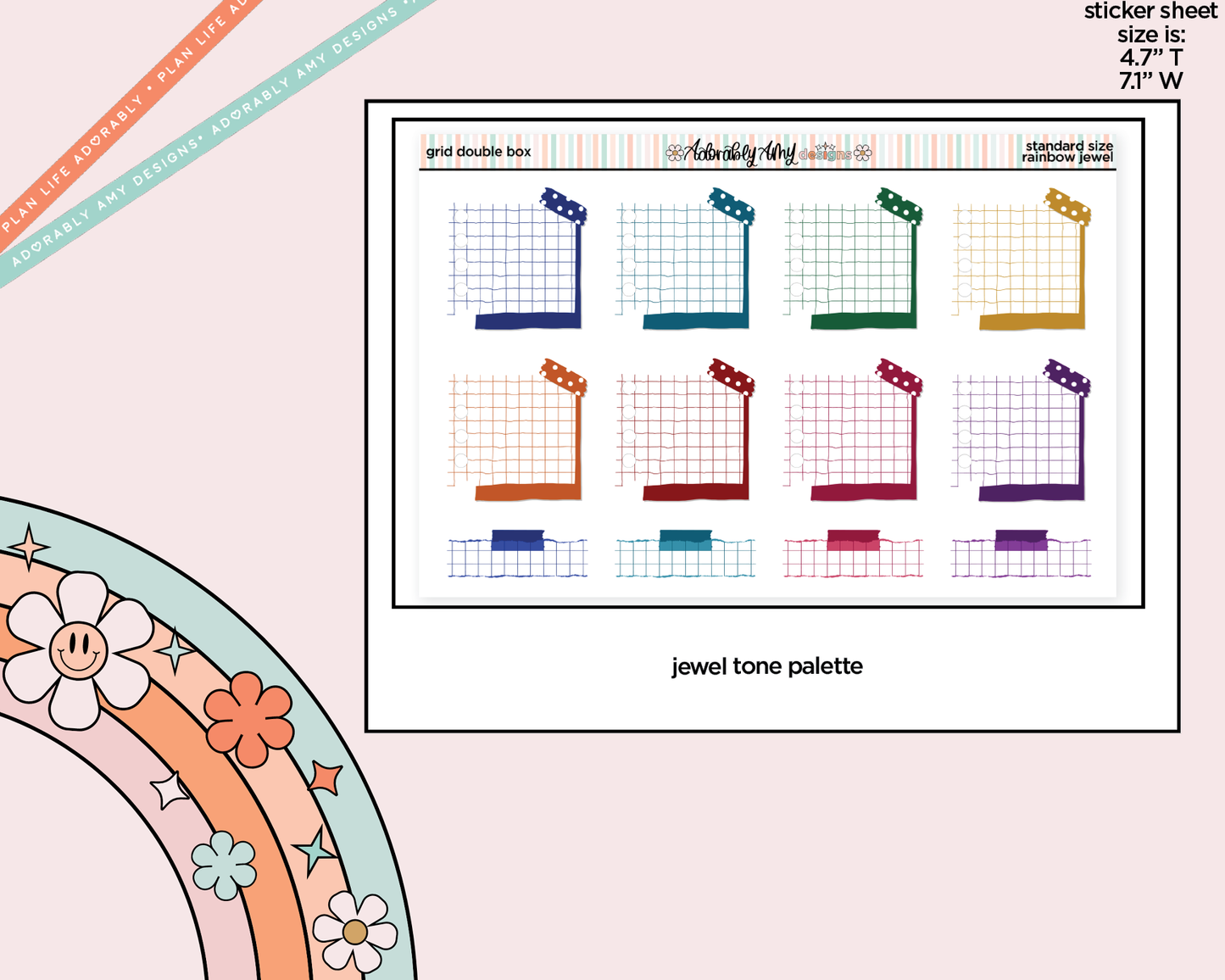 Rainbow Doodled Double Grid Boxes Standard Size Planner Stickers