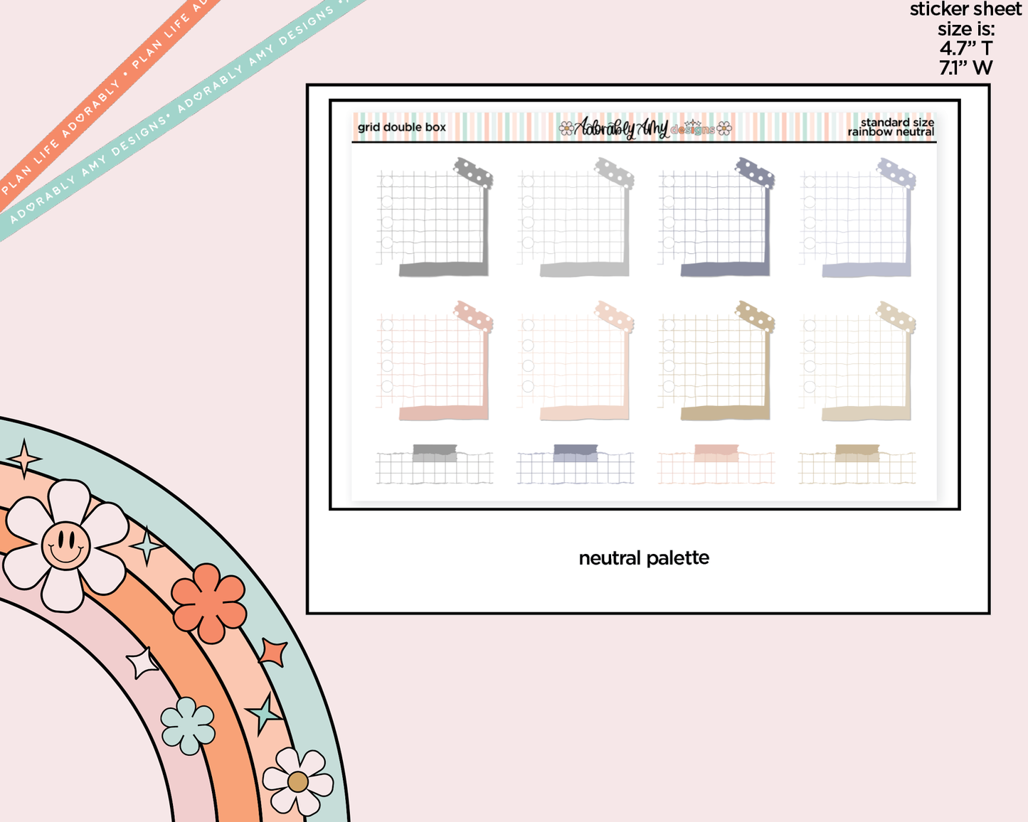 Rainbow Doodled Double Grid Boxes Standard Size Planner Stickers