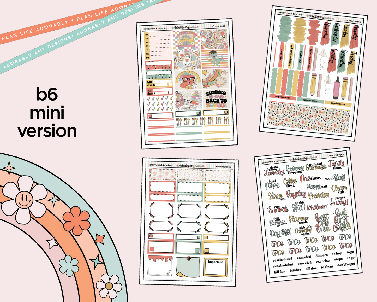 Mini B6 Groovy Back to School Planner Sticker Kit sized for ANY Vertical Insert