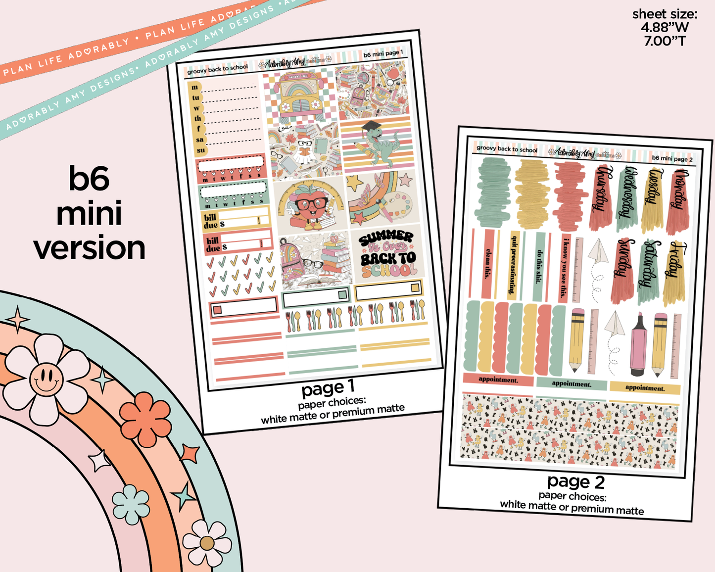 Mini B6 Groovy Back to School Planner Sticker Kit sized for ANY Vertical Insert