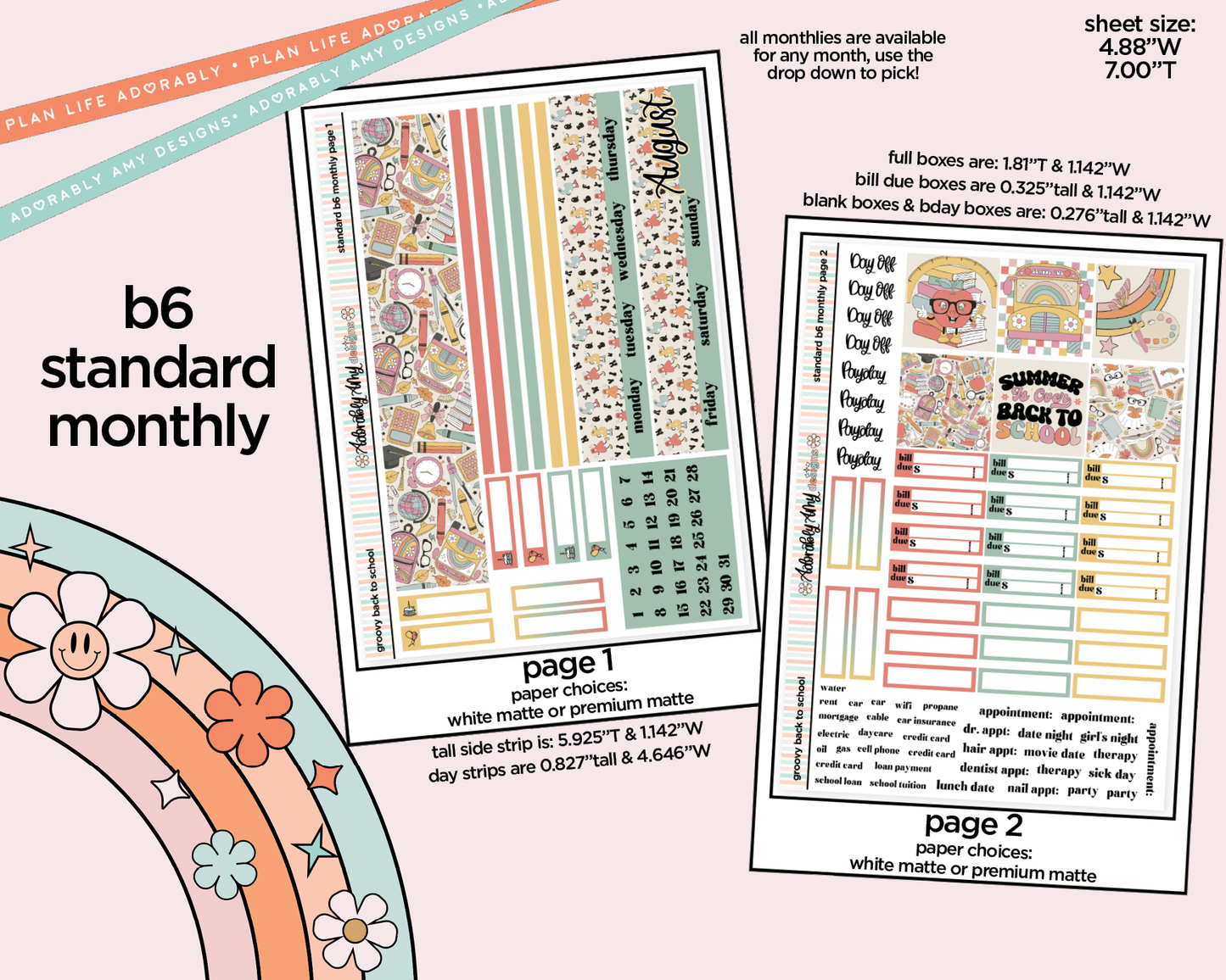 Standard B6 Monthly Pick Your Month Groovy Back to School Planner Sticker Kit for some B6 Planners