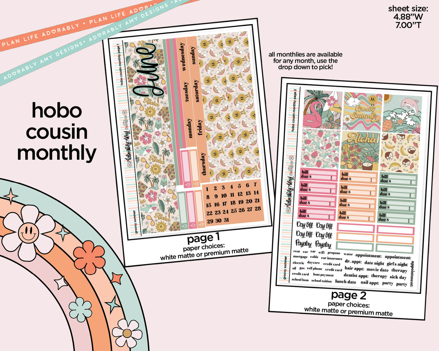 Hobonichi Cousin Monthly Pick Your Month Groovy Summer Planner Sticker Kit for Hobo Cousin or Similar Planners