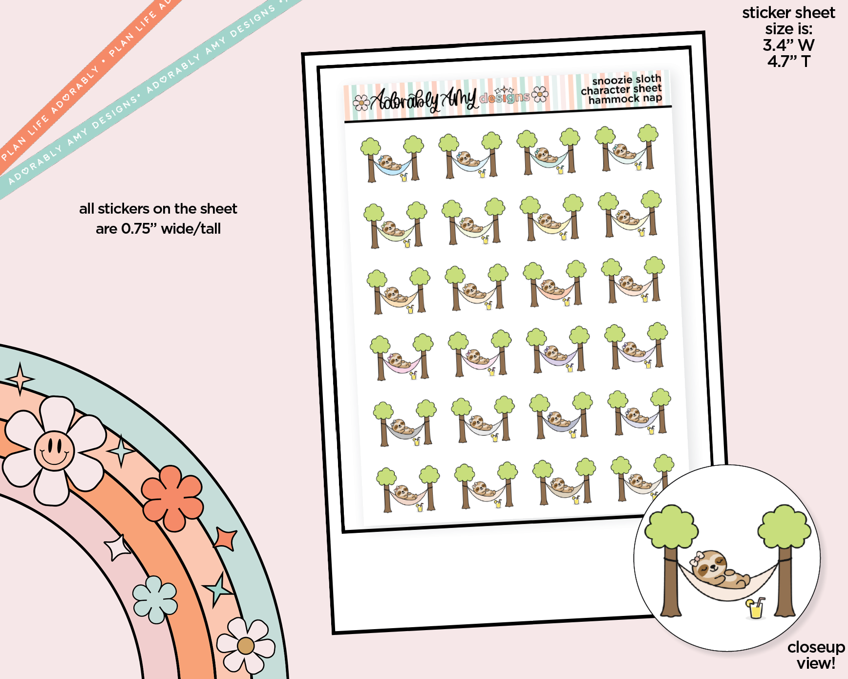 Snoozie Sloth Hammock Nap - Relax Decoration Character Planner Stickers - Adorably Amy Designs