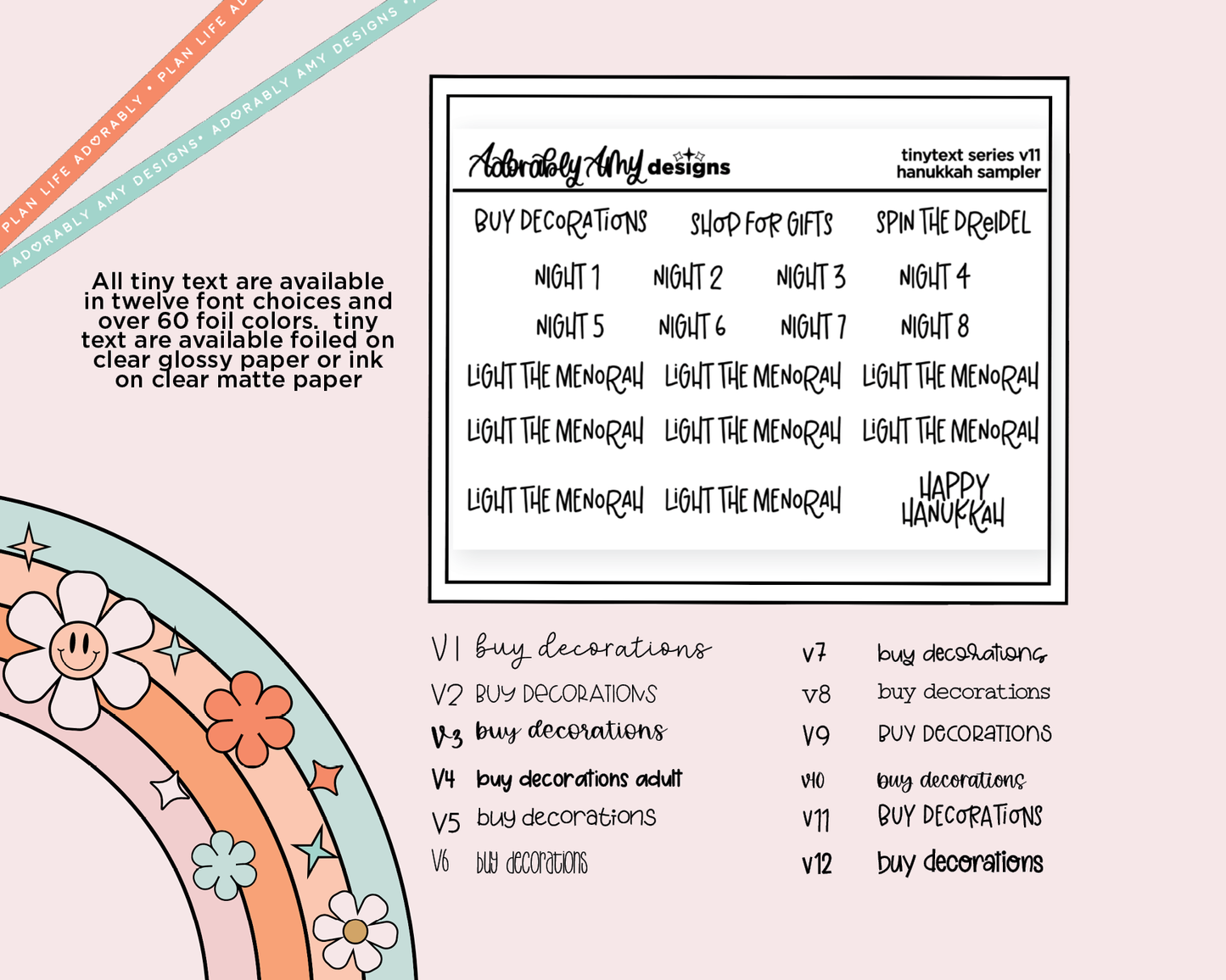 Foiled Tiny Text Series - Hanukkah Countdown/Sampler Checklist Size Planner Stickers for any Planner or Insert