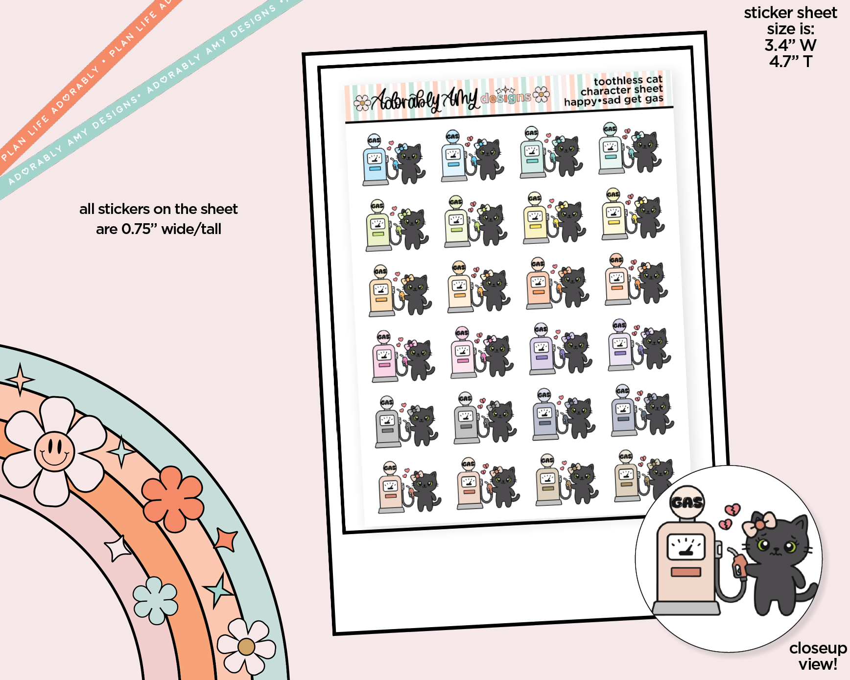 Toothless Cat Happy - Sad Get Gas Decoration Character Planner Stickers - Adorably Amy Designs