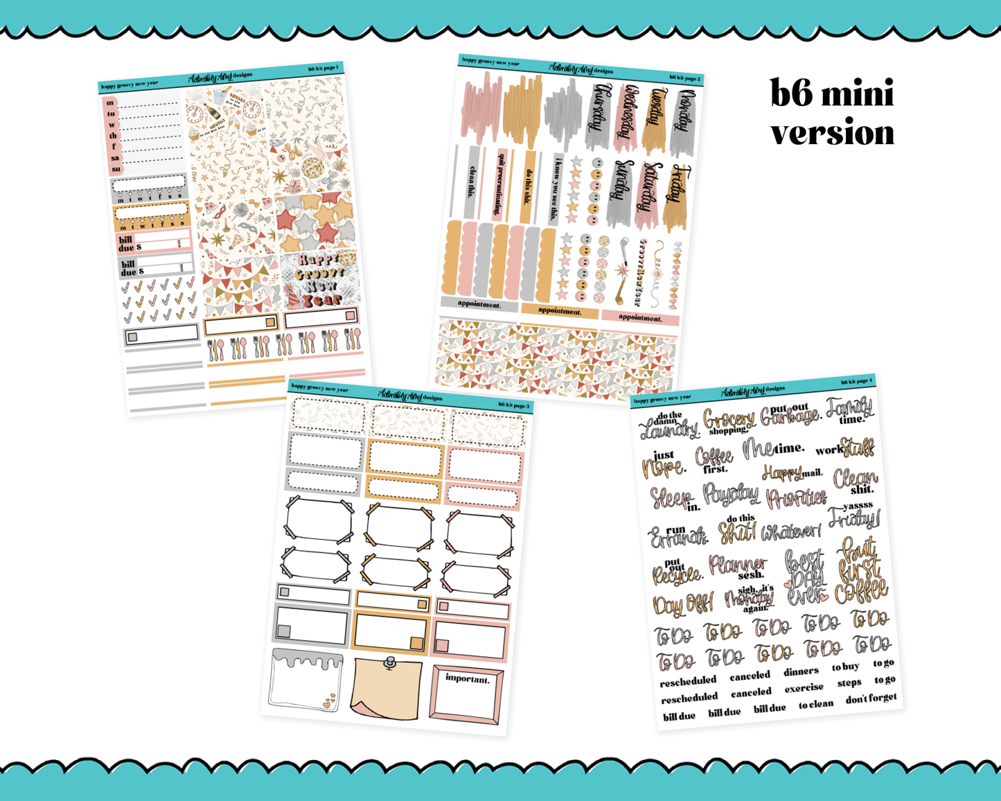 Mini B6 Happy Groovy New Year Weekly Planner Sticker Kit sized for ANY Vertical Insert