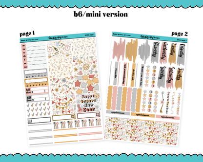 Mini B6 Happy Groovy New Year Weekly Planner Sticker Kit sized for ANY Vertical Insert