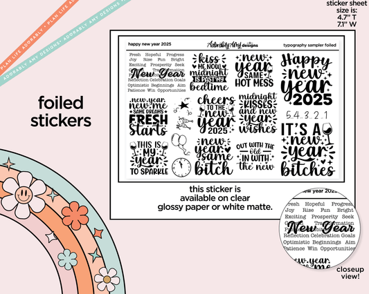 Foiled Happy New Years 2025 Typography Sampler Planner Stickers for any Planner or Insert