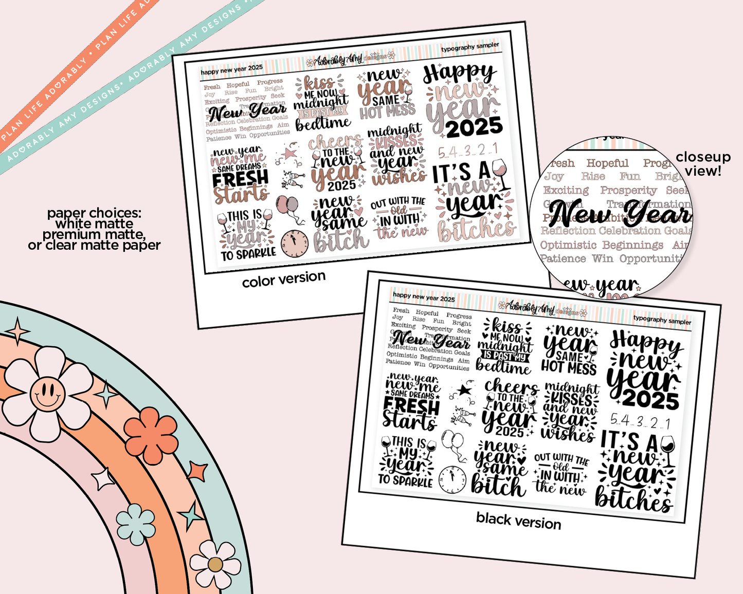 Happy New Year 2025 Deco Typography Sampler Planner Stickers