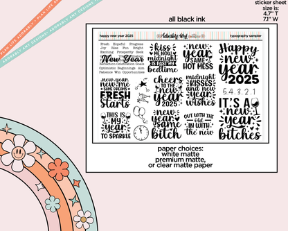 Happy New Year 2025 Deco Typography Sampler Planner Stickers