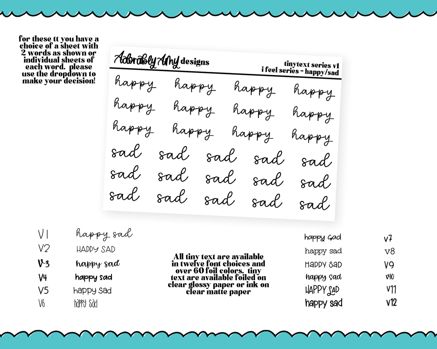 Foiled Tiny Text Series - Feelings Series - Happy and Sad Checklist Size Planner Stickers for any Planner or Insert