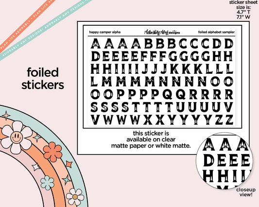 Foiled Happy Camper Alphabet Stickers Deco Typography Sampler Planner Stickers - Adorably Amy Designs