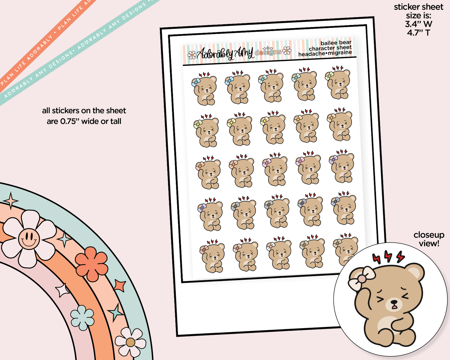 Bailee Bear Headache-Migraine Decoration Character Planner Stickers