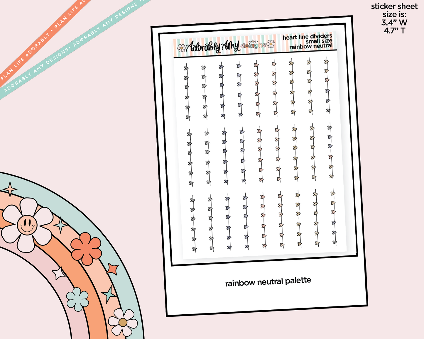 Rainbow Heart Line Dividers Small Size Planner Stickers for Any Planner